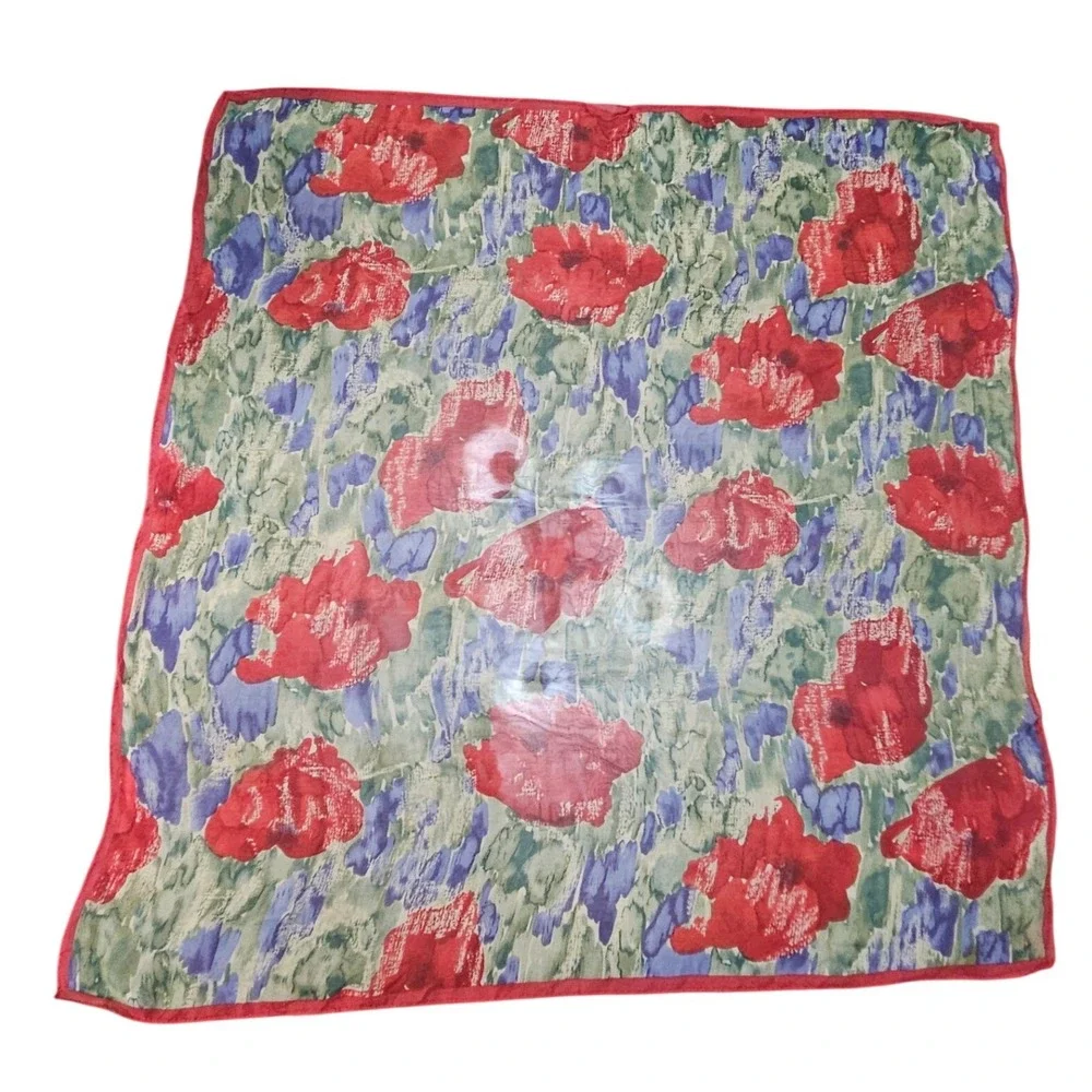 Floral Scarf‎ Womens OS Red Sheer Poppy Print Square Neckerchief Accessory